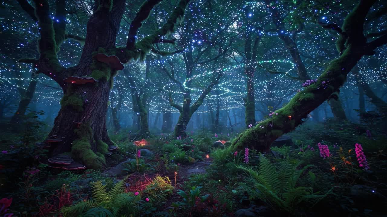 Una foresta magica illuminata da luci scintillanti e fogliame incantato, che dà vita alla magia della natura sotto un cielo stellato