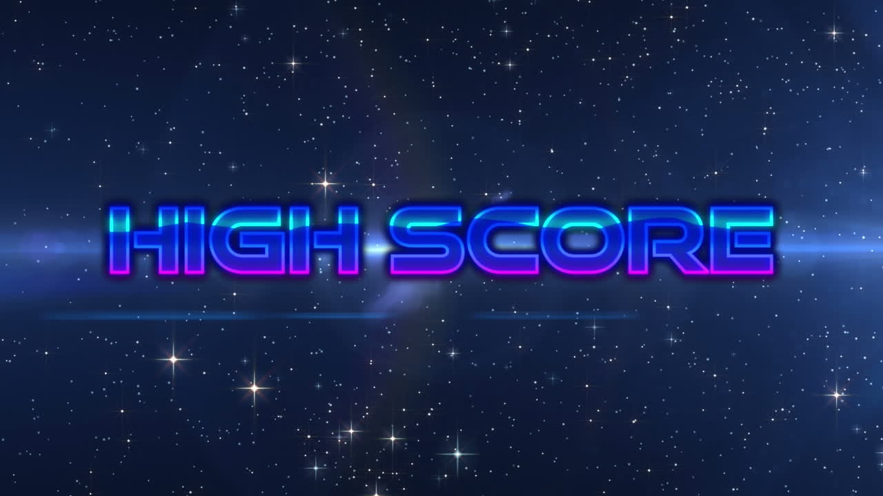 animación del texto de puntaje alto sobre rastros de luz y puntos sobre fondo negro