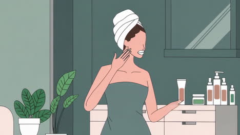 animated woman doing skincare routine in bathroom