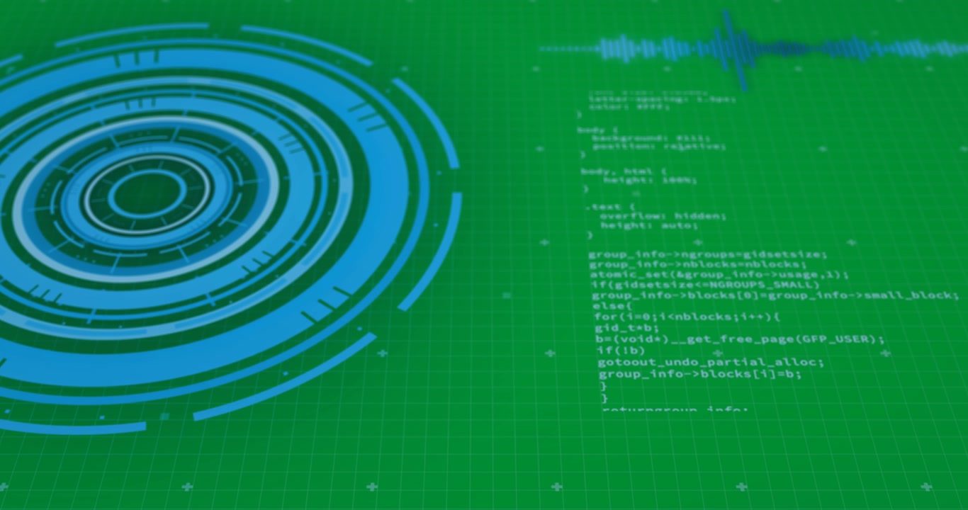 Animation of glowing blue scope scanning and data processing over grid