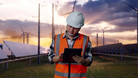 asian male engineer with safety helmet working on a tablet while standing with solar panel and wind turbines