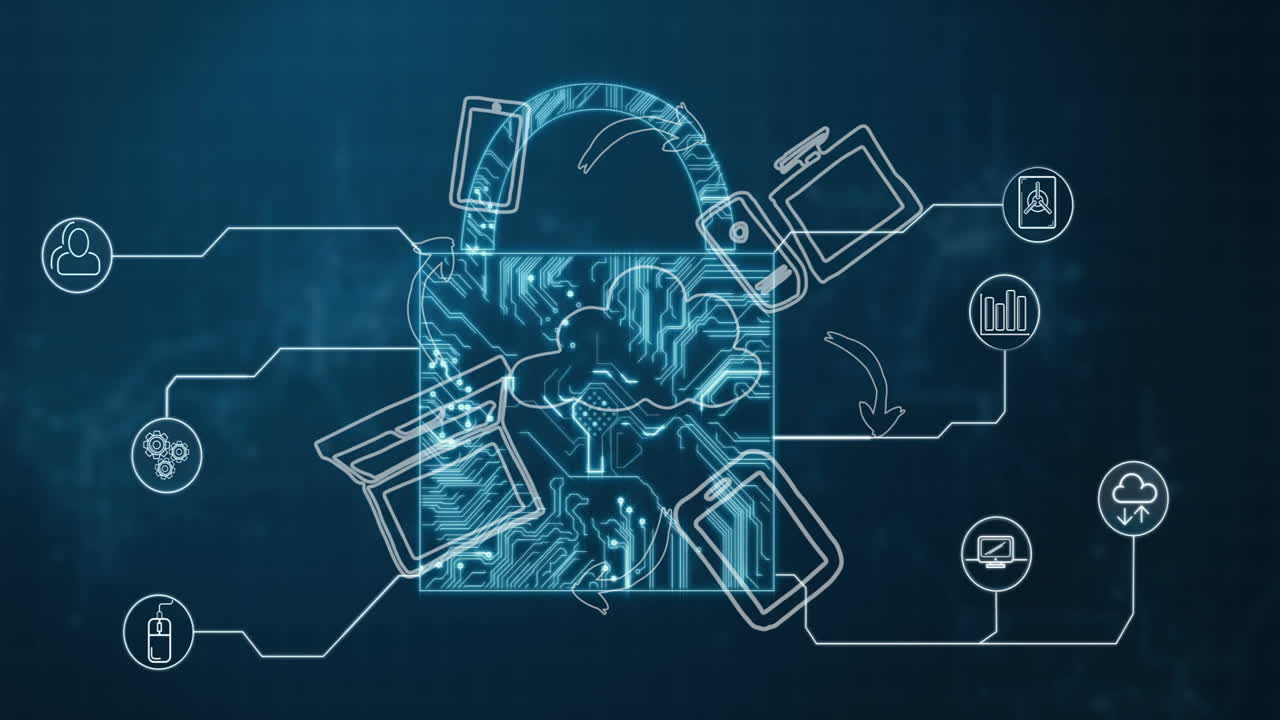 Animation of digital lock with cloud computing symbols and data flow technology