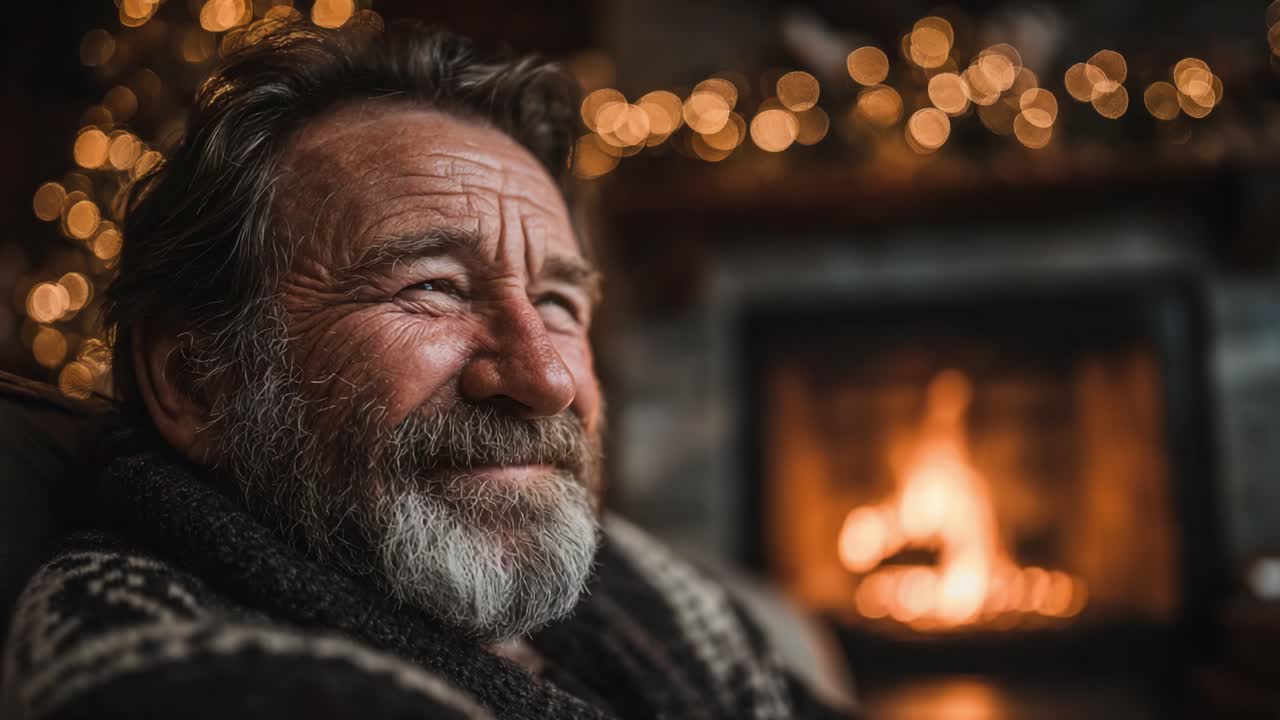 Accogliente serata invernale: un uomo soddisfatto si gode il calore di un caminetto scoppiettante, circondato da luci scintillanti e dal comfort di casa
