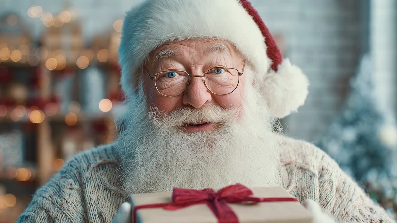 Allegro Babbo Natale che tiene in mano un regalo durante le feste natalizie