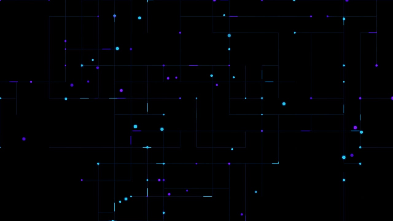 Abstract Digital Network Lines and Glowing Particles Moving on Dark Background