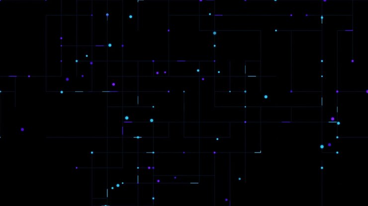 Abstract Digital Network Lines and Glowing Particles Moving on Dark Background