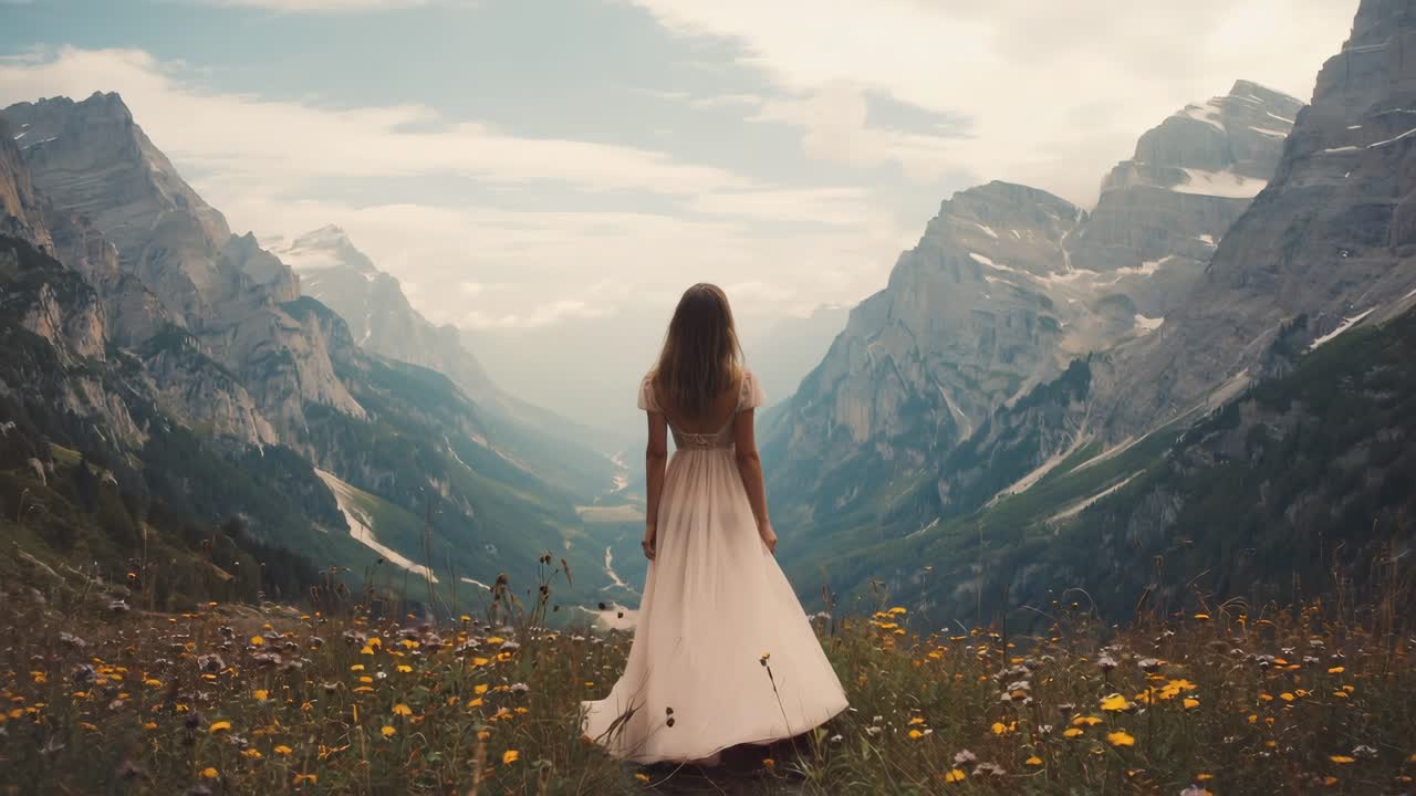 Woman wearing a long elegant dress is standing in a field of wildflowers, admiring a breathtaking view of a vast valley surrounded by majestic mountains, creating a serene and awe inspiring scene