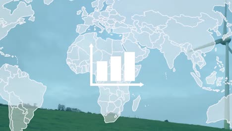animation of bar graph over world map against spinning windmill on grassland