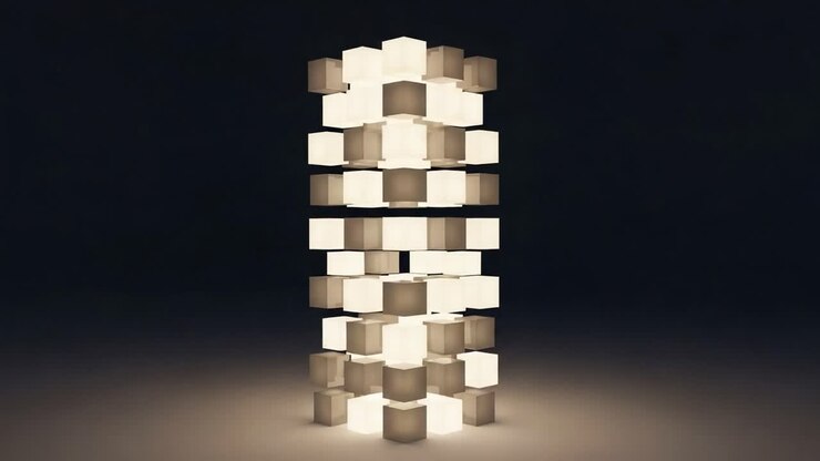 Illuminated Modern Art Installation Featuring Translucent Cubes in a Tower Structure, Highlighting the Play of Light and Shadows Against a Dark Background