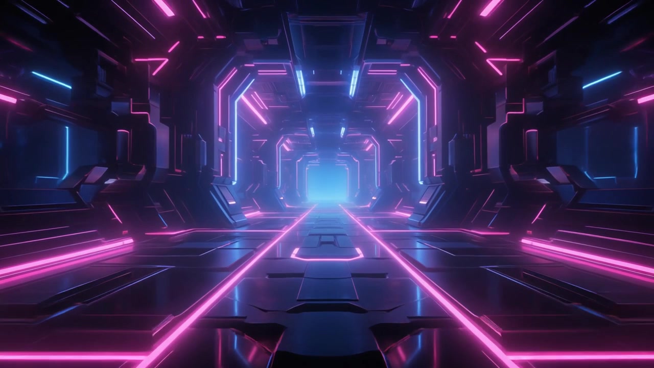 Corridoio Fantascientifico Futuristico con Luci al Neon Rosa e Blu Luminose