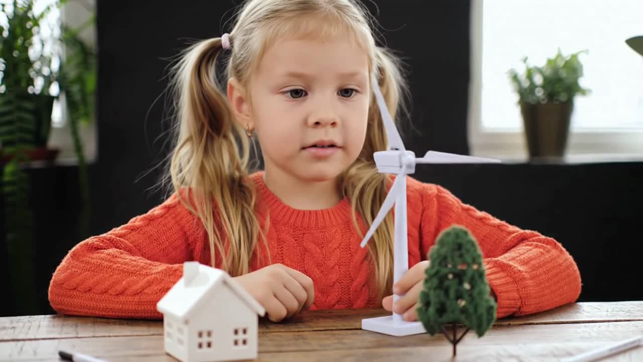 Child Playing with Wind Turbine and House Models