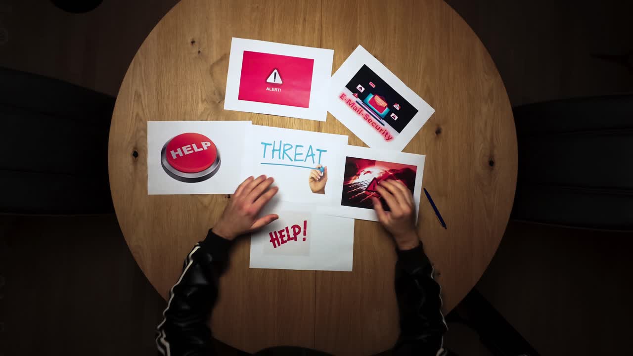 Hands arranging warning signs with help and threat symbols on a wooden table, representing a digital danger or online security alert