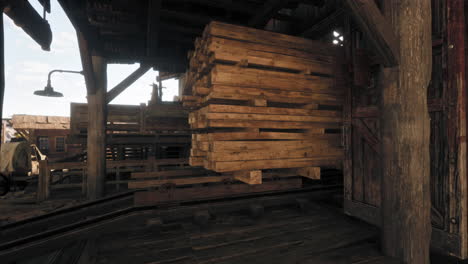 stacked lumber in an old western warehouse