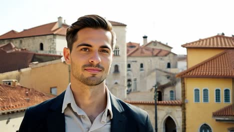 handsome man smiling in a city street