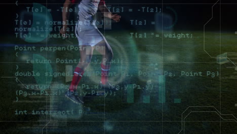 animación de diversos procesamientos de datos sobre las piernas de un jugador de fútbol caucásico en el estadio