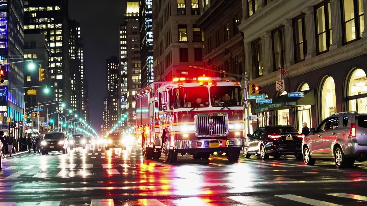 Fire truck with flashing lights speeding through a busy New York City street at night, reflecting on the wet asphalt, creating a dramatic and urgent scene