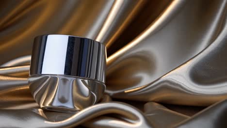 silver cosmetics container on gold satin fabric