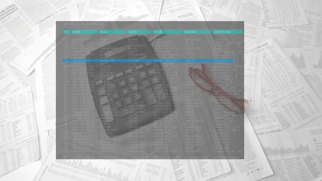 Dark interface overlay fading over calculator, glasses, documents, highlighting rows for navigation