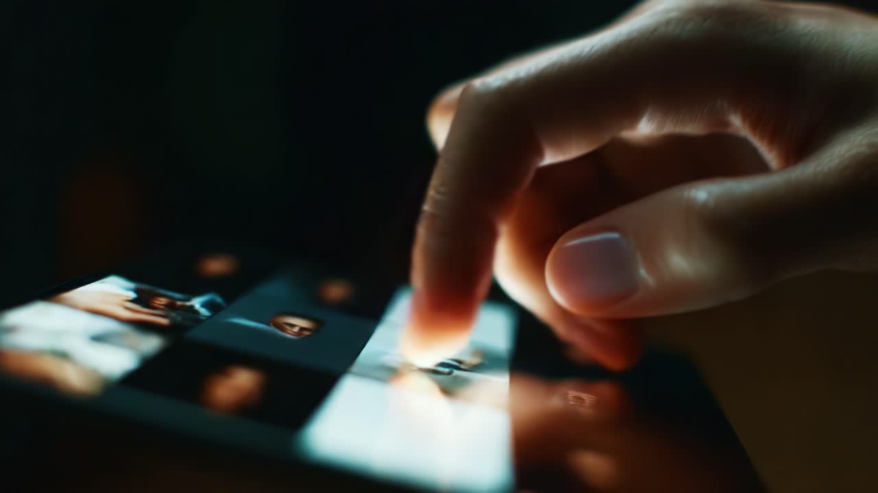A Close-Up of a Hand Interacting with a Tablet Screen, Showcasing the Gesture of Touching and Engaging with Digital Content in a Dimly Lit Environment
