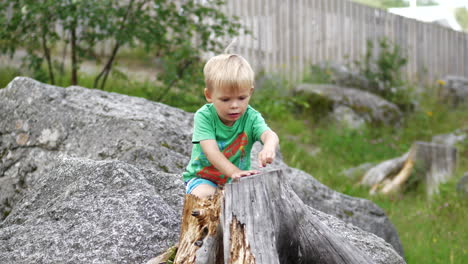 young innocent boy playing outdoors in nature, 4k slow motion