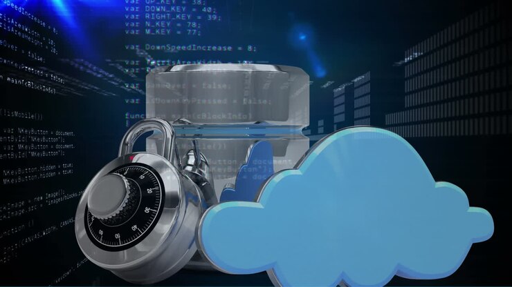 Animation of padlock, blue digital cloud and silver server over data processing