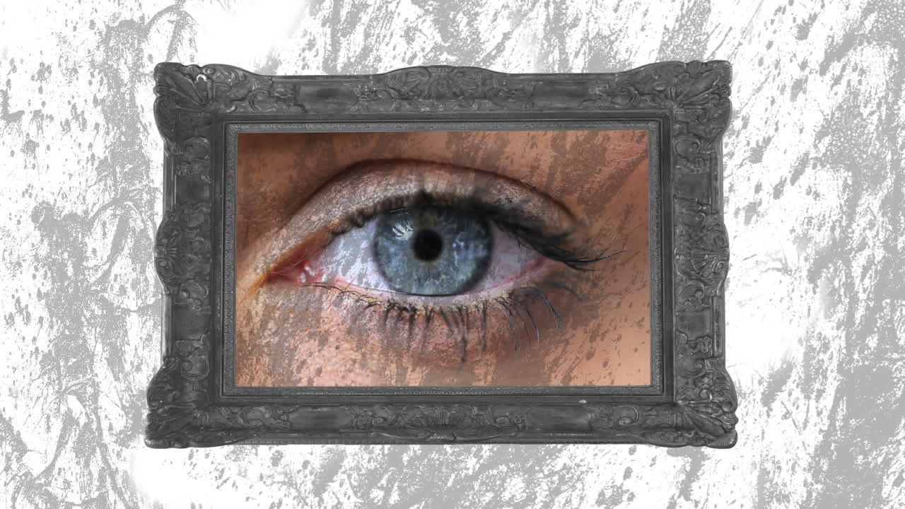 animazione di un fotogramma con un occhio sullo sfondo grigio e bianco in movimento