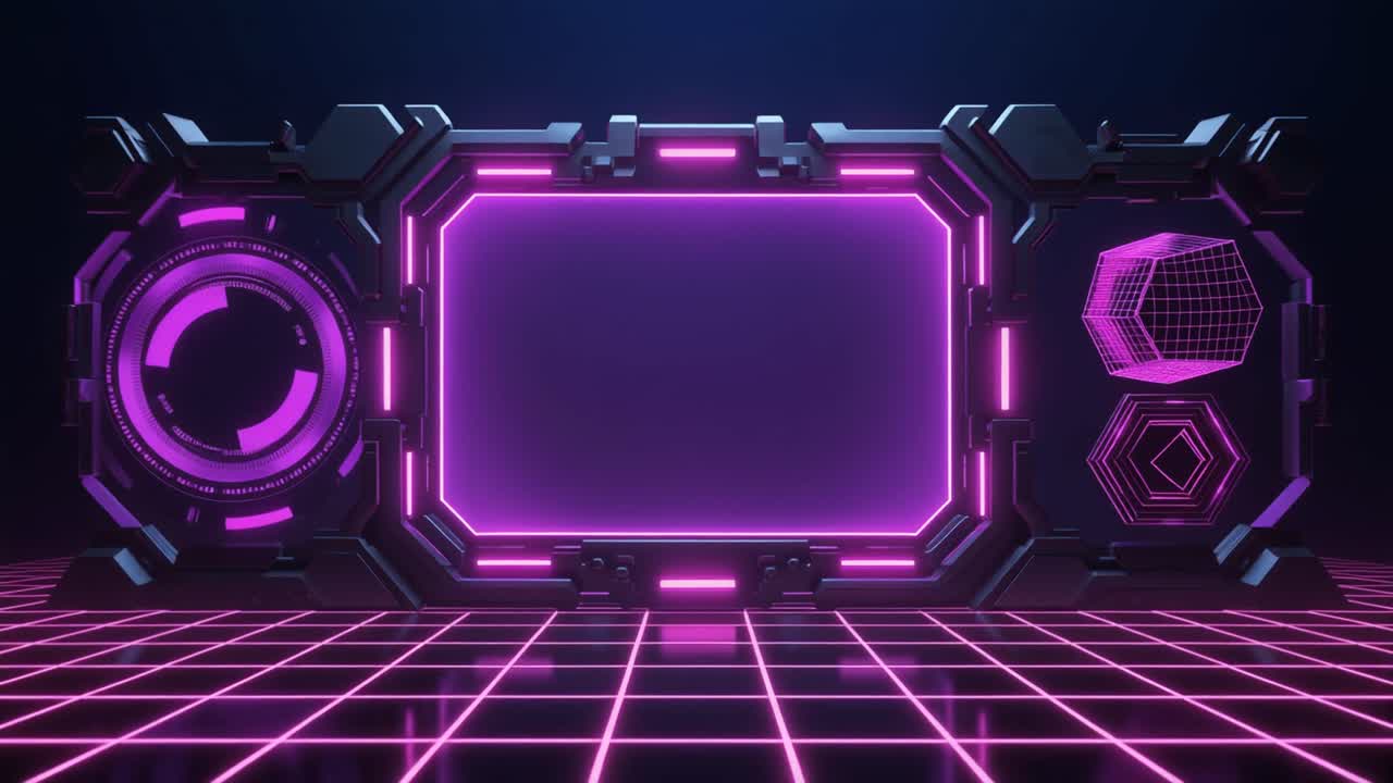 Futuristisk cyberpunk-grænseflade med glødende lilla neongitter og UI-elementer.