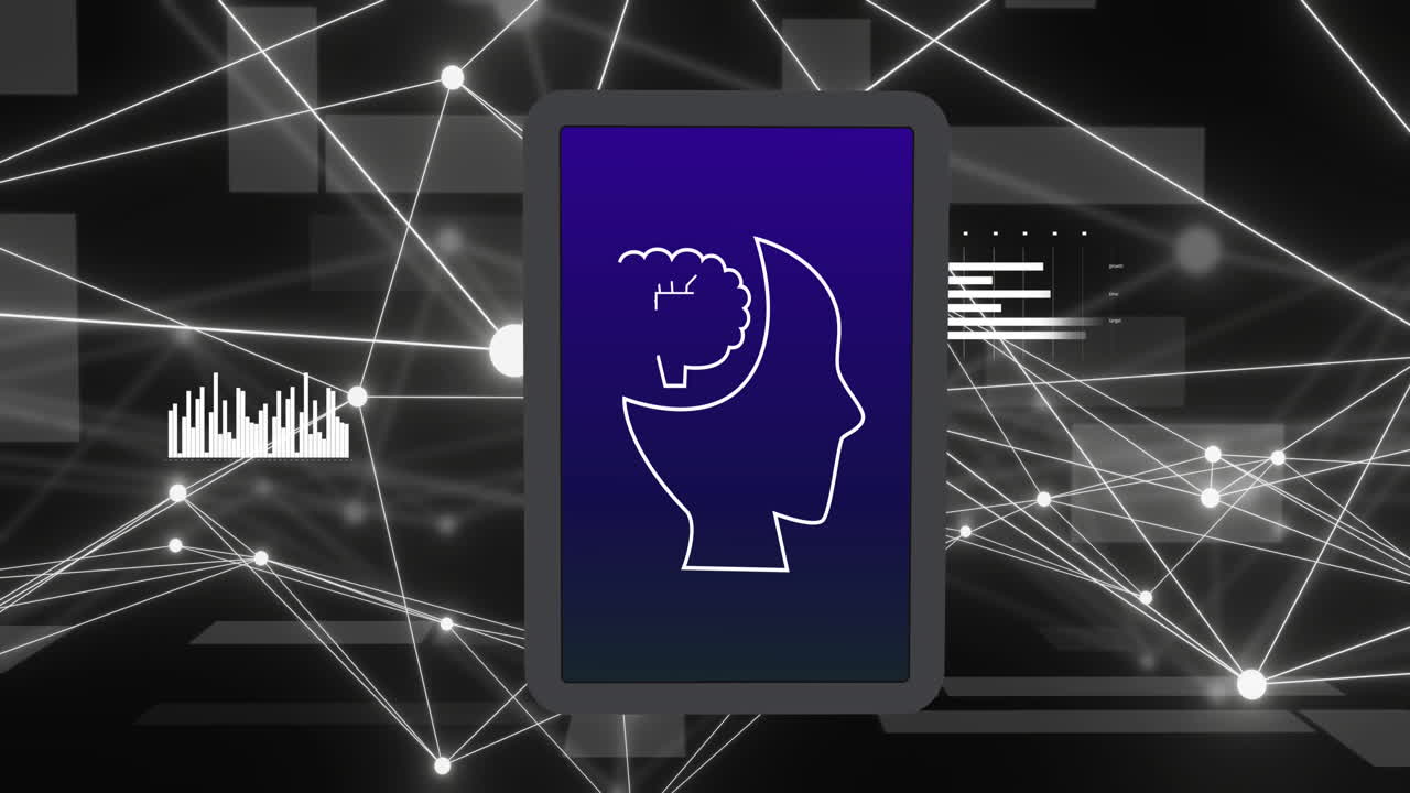 검은색 배경 위의 연결 네트워크 및 ai 아이콘의 애니메이션