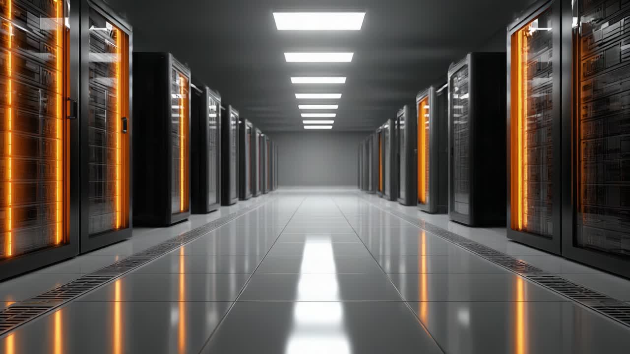 Et omfattende overblik over et moderne datacenter med rækker af højteknologiske servere med belyste paneler og reflekterende gulve i et rummeligt miljø