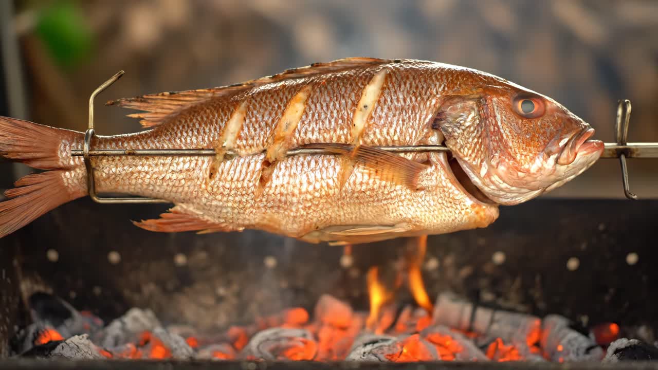 나무 석탄 그릴에 긴 물고기