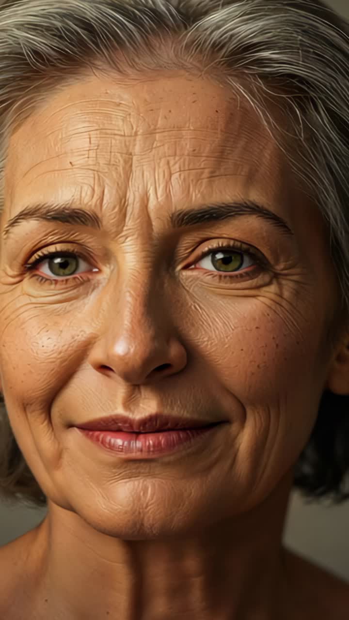 Vertical video: Drifting warm gold bokeh lights revealing senior woman smiling in studio, warm glow