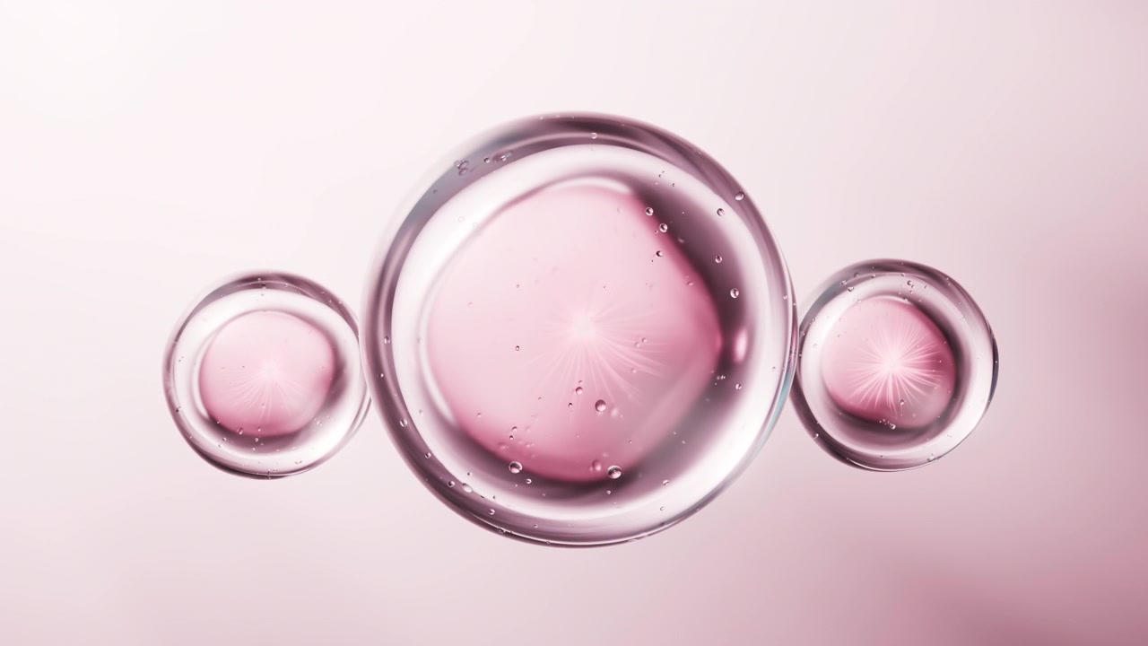 Fondo de burbujas de líquido rosa transparente, renderizado 3D