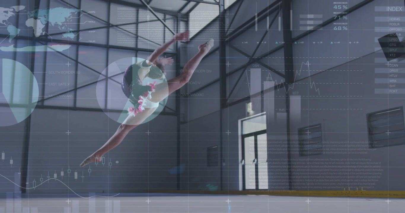 Bambina che sposta il peso, spingendosi in un salto spaccato su un pavimento sportivo, con grafici HUD che monitorano le metriche.