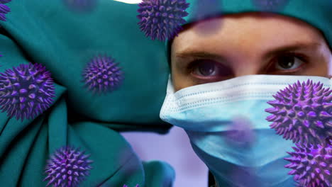 animación de la propagación del coronavirus covid19 con un trabajador de la salud en el fondo