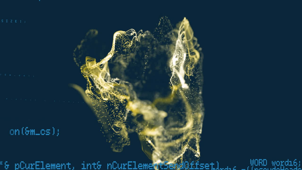 Forming dynamic shape, digital code and particles animate on dark background