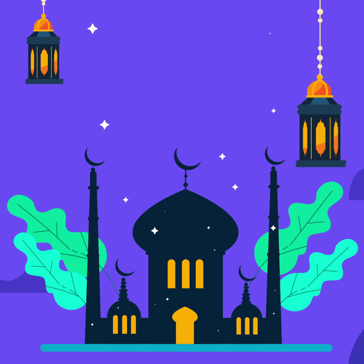 Mosque Silhouette with Lanterns at Night