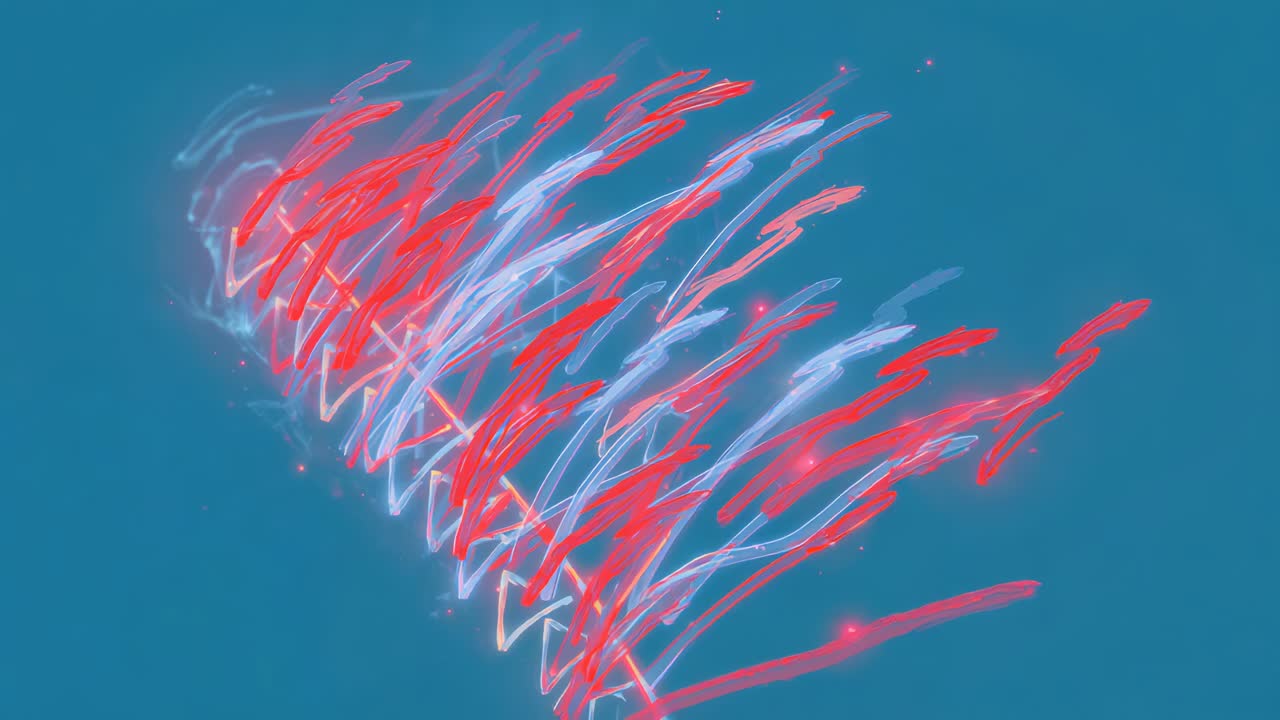 Dal primo fotogramma, un gruppo di strisce rosse e azzurro chiaro attraversa il color verde acqua, formando scie a piuma.