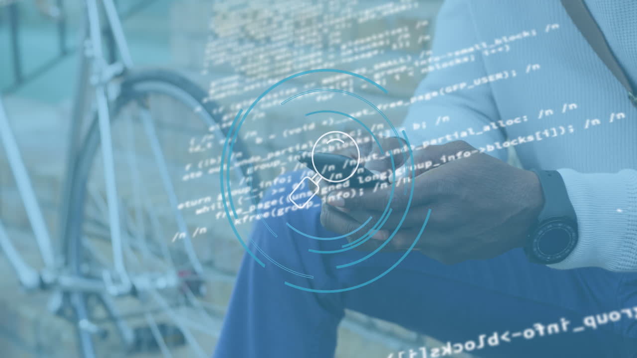 스마트폰을 사용하는 아프리카계 미국인 남성에 대한 확대 유리 아이콘과 데이터 처리 애니메이션