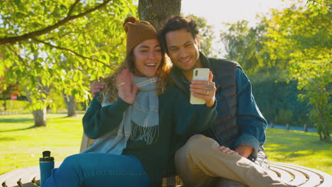 couple sitting on bench in autumn park making video call on mobile phone