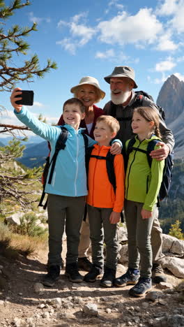 family taking a selfie while hiking in the mountains