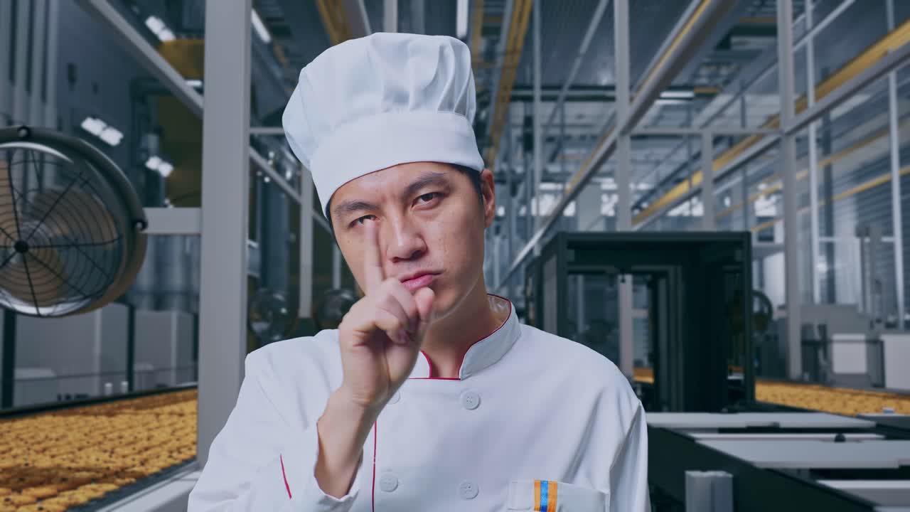 Primo piano di uno chef asiatico che guarda la telecamera e fa il gesto 'shhh', linea di produzione automatizzata di biscotti in una fabbrica moderna