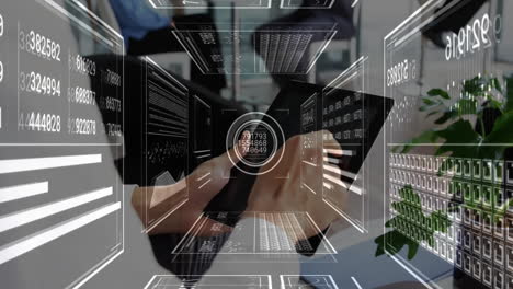 using smartphone with animation overlay, person in modern office working