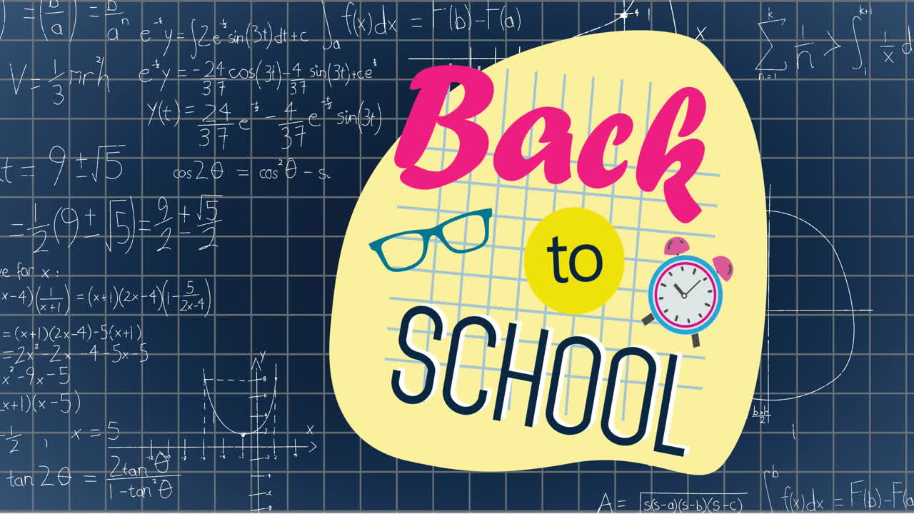 스어 된 종이 위에 학교 텍스트와 수학 방정식의 애니메이션