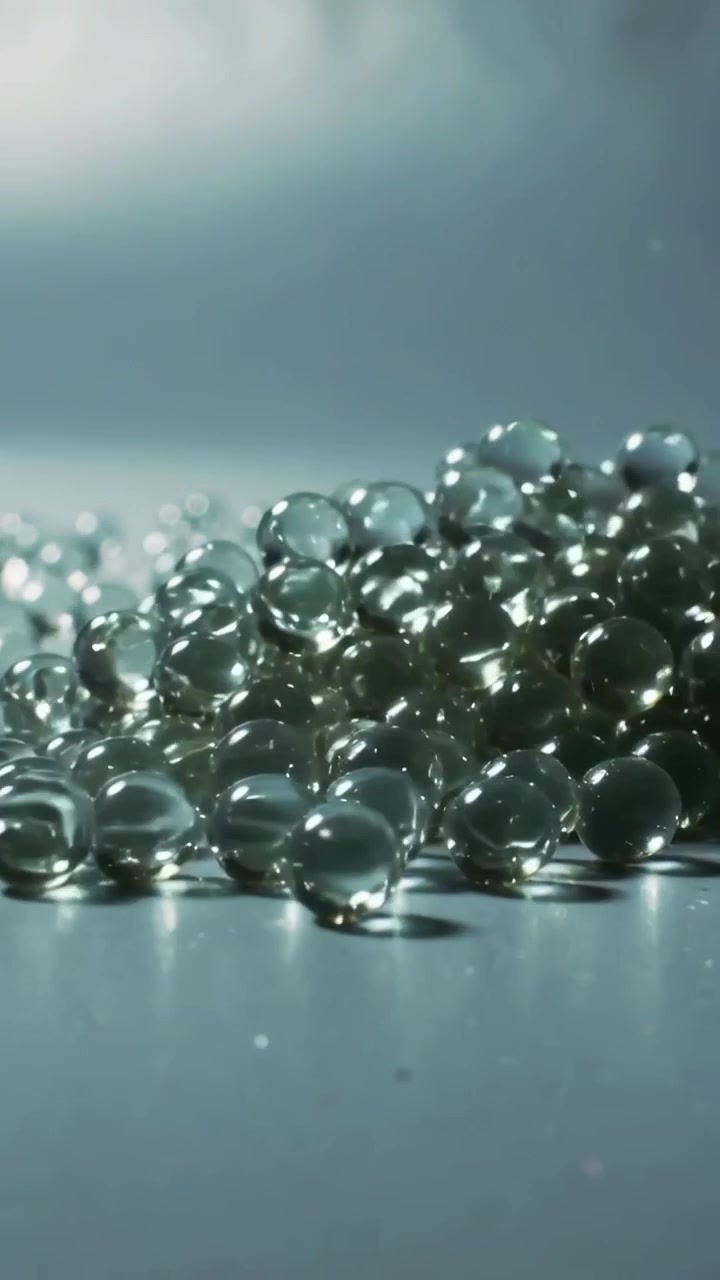 Vertical video: Pulling back, camera revealing glass beads on studio table, showing highlights