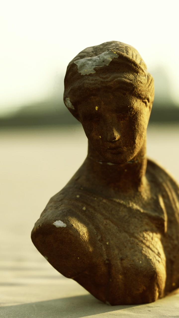 Statue head on sandy beach during sunset with soft lighting
