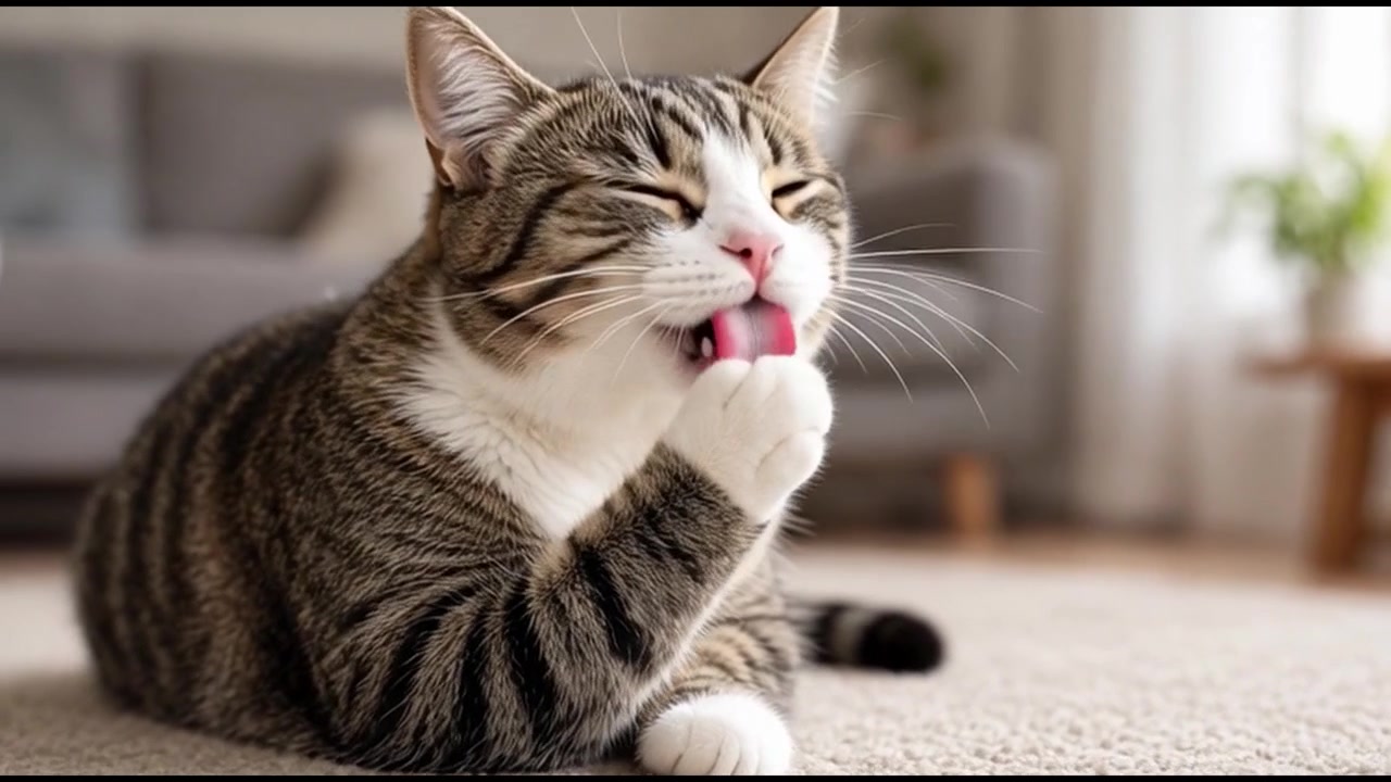 Gato malhado limpando a pata em uma sala de estar aconchegante