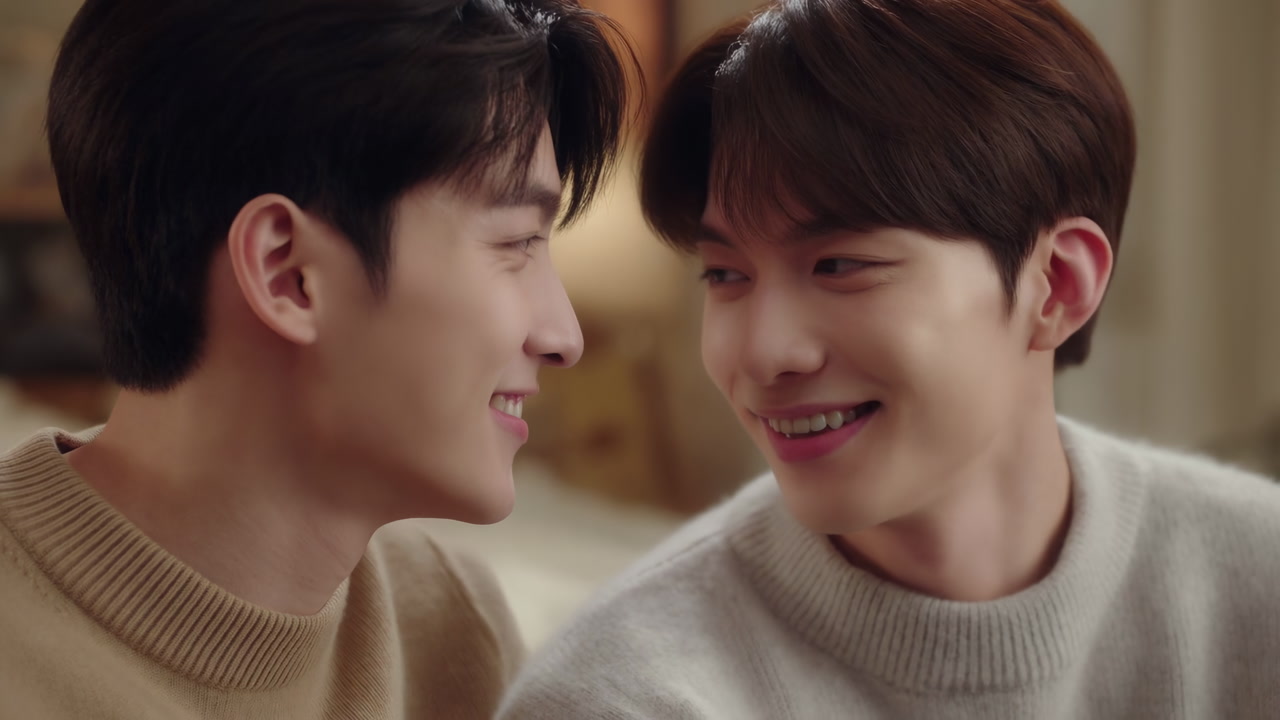 Two Asian Men Share Tender Smile In Cozy Living Room, Leaning Close On Couch With Soft Sweaters And Warm Lamp