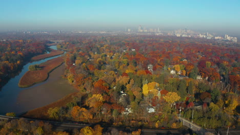 picturesque autumn aerial view of the fall foliage along the credit river in mississauga, canada