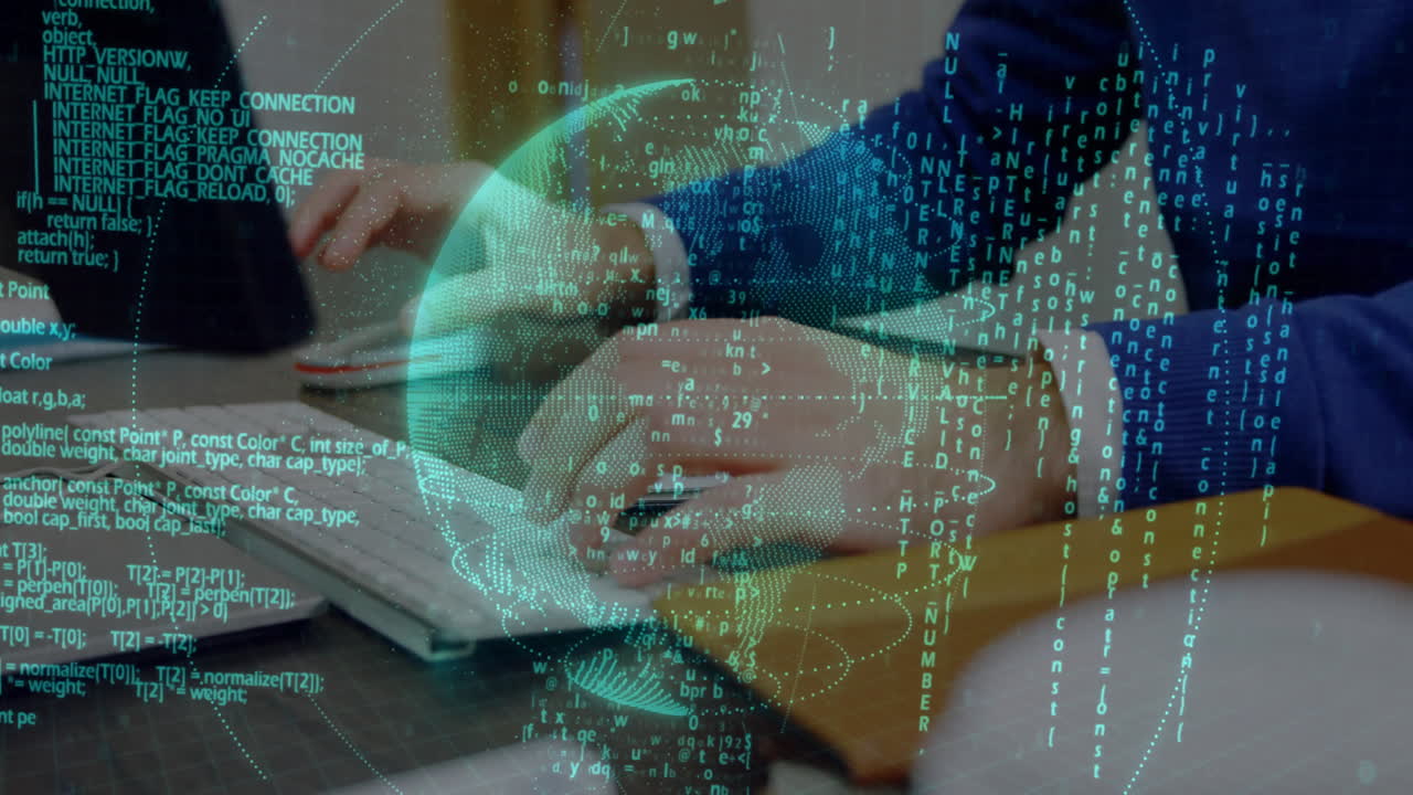 animación del procesamiento de datos financieros sobre el hombre caucásico usando computadora