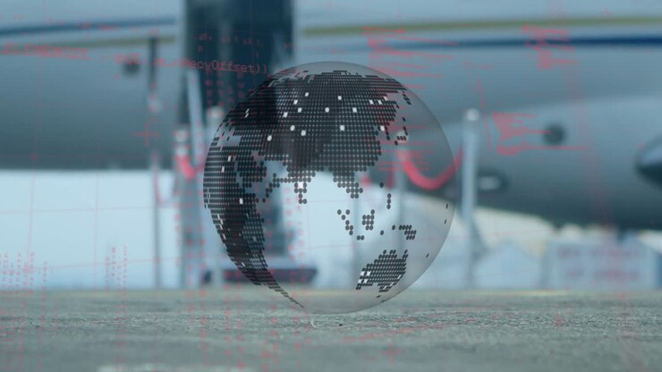 Animation of globe and data processing over airport